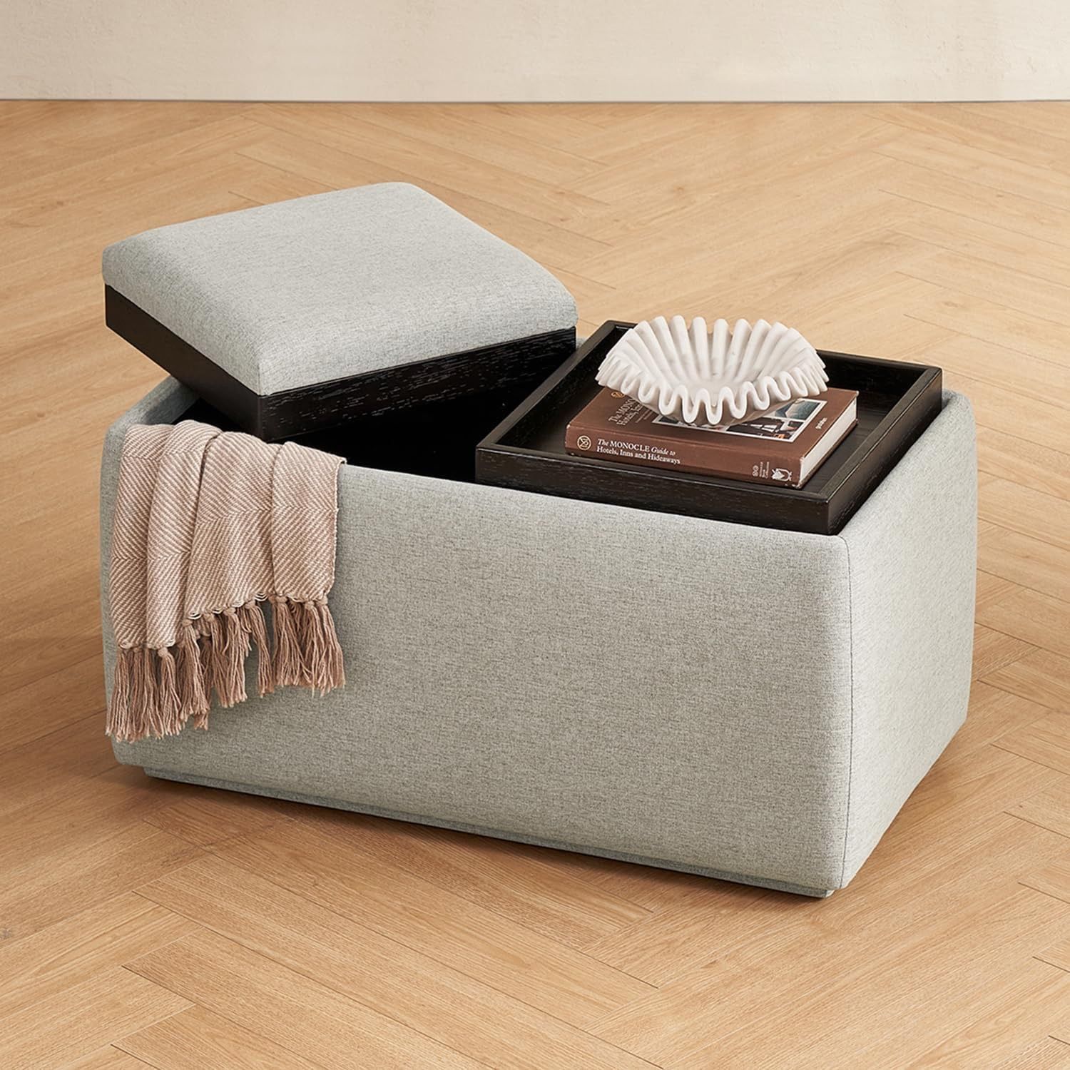mopio Levi Storage Bench with Reversible Tray, Modern Storage Coffee Table, Bedroom Bench, Rectangular Cube Upholstered Coffee Table Ottoman for Livin