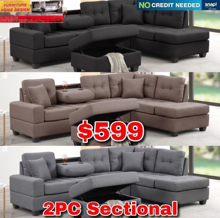 2pcs Sectional With Cup Holders Ottoman Included 