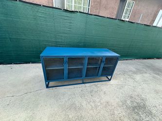 Crate And BarrelCasement Credenza Blue Metal Sideboard Cabinet with Glass Doors