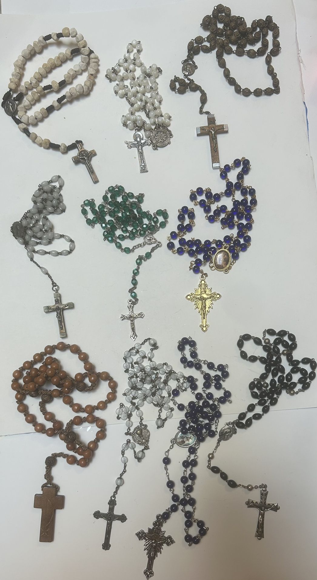 Lot of 10 Vintage Misc. Color, Material, & Style Rosaries & Now included Bonus Wood Cross (See Pic)