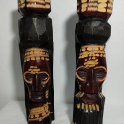 HAND CARVED WOODEN TIKI FIGURINE SET OF 2/ 9.5"×3"