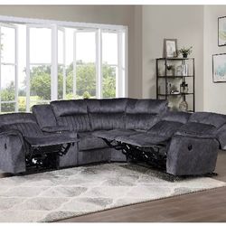 Brand New Dark Gray Grey Recliner Sectional Rich Velvety Fabric Very Large  Sectional Cup Holders With Storage Below Manual Recliner Open Box Display 