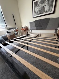 Gray Upholstered Bed Frame with Wood Slats