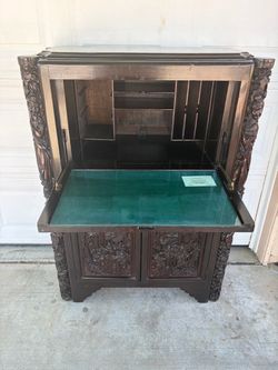 Antique Chinese Carved Wood Secretary Desk Cabinet