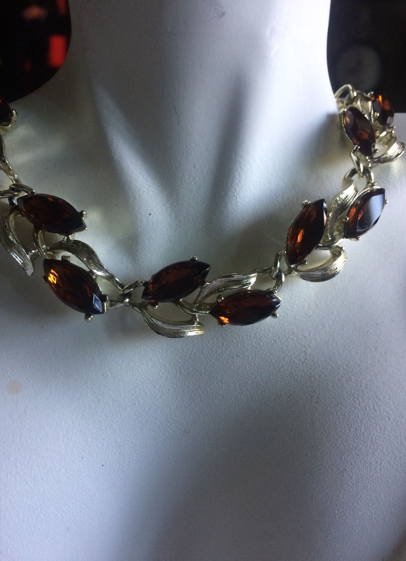 Vintage Lot Amber Brown Bronze Rhinestone Coro unsigned Choker + Clip On Earrings unique