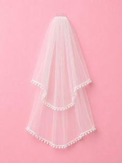 White Bridal Veil with Pom Pom Trim – Wholesale & Single Pieces Available