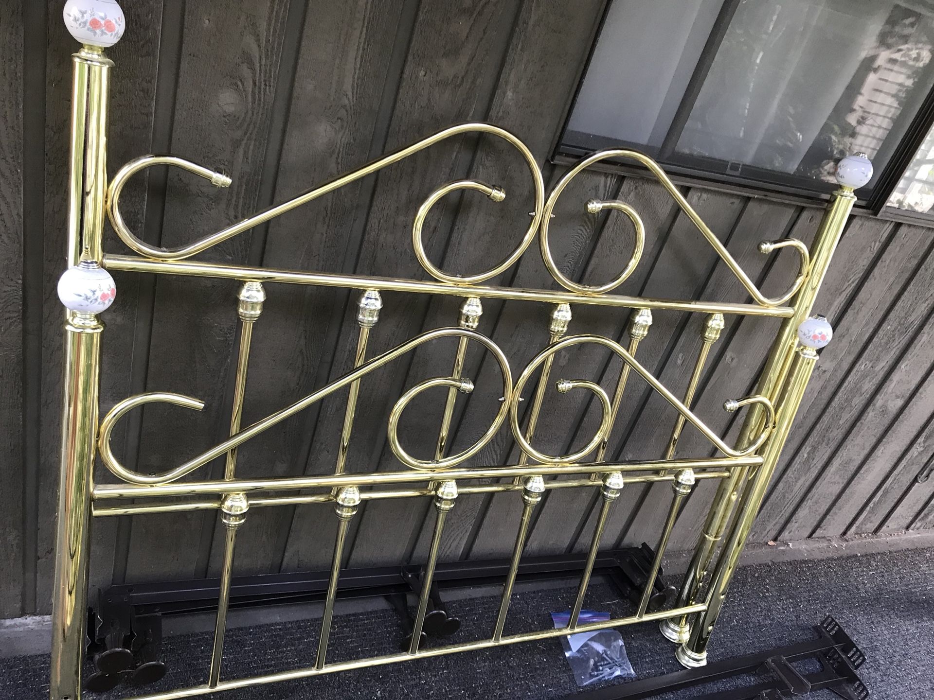 Beautiful vintage queen brass bed with headboard, footboard, metal frame, and three support beams