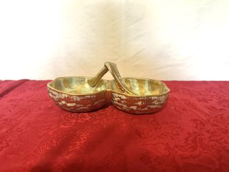 Vintage Stangl Pottery Granada Gold 3784 Double Bowl Candy / Nuts Dish With Handle 