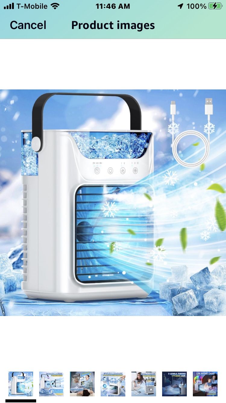 Portable Air Conditioners, Quiet Evaporative Air Cooler with 3 Speeds, 7 Colors Night Light Cooling Fan for Personal Space, Lightweight Portable Mini