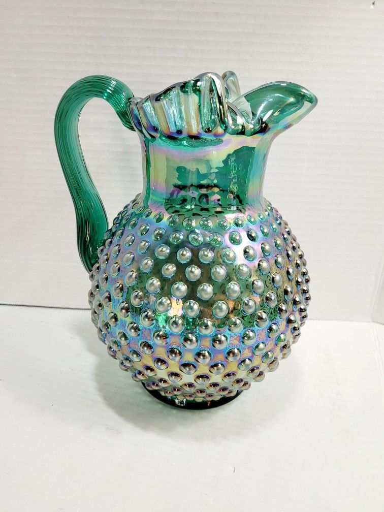 Fenton Green Teal Hobnail Carnival Glass Pitcher