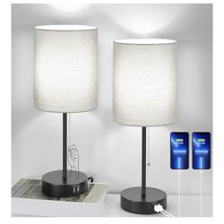 New 17.3’’ Table Lamps Set of 2 with 2 USB & AC Outlet, Bedside Nightstand Lamps for Bedroom Living Room Kid’s Room, Desk Lamp with Pull Chain Switch 