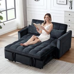 3 in 1 Pull Out Couch Bed, Convertible Futon Sofa Bed, Velvet Sleeper Loveseat for Small Living Room, Adjustable Backrest, Comfy Pillows, Side Pocket 