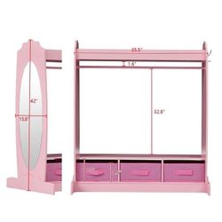 
New Kids Armoire Storage Dress-Up Center, Toddlers Costume Closet, Storage Shelves & Side Hook, Pink