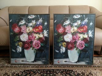 Pair of Beautiful Flowers w Vases Paintings 22" x 28" x 1.75" Thick Framed
