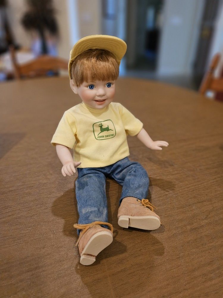 John Deere Porcelain Doll Collection Bobby Yellow T-shirt hat and blue jeans 18"