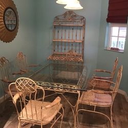 Kitchen/Dinning~Wrought Iron 6 Chairs~Glass Top (NO CHIPS) Rustic Tan Wicker Seating~WINE RACK~obo~