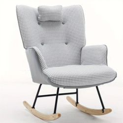 35.5 Inch Rocking Chair, Soft Houndstooth Woven Leather Fabric for Nursery, Comfortable Glider Armchair with Safe Solid Wood Base for Living Room, Bed
