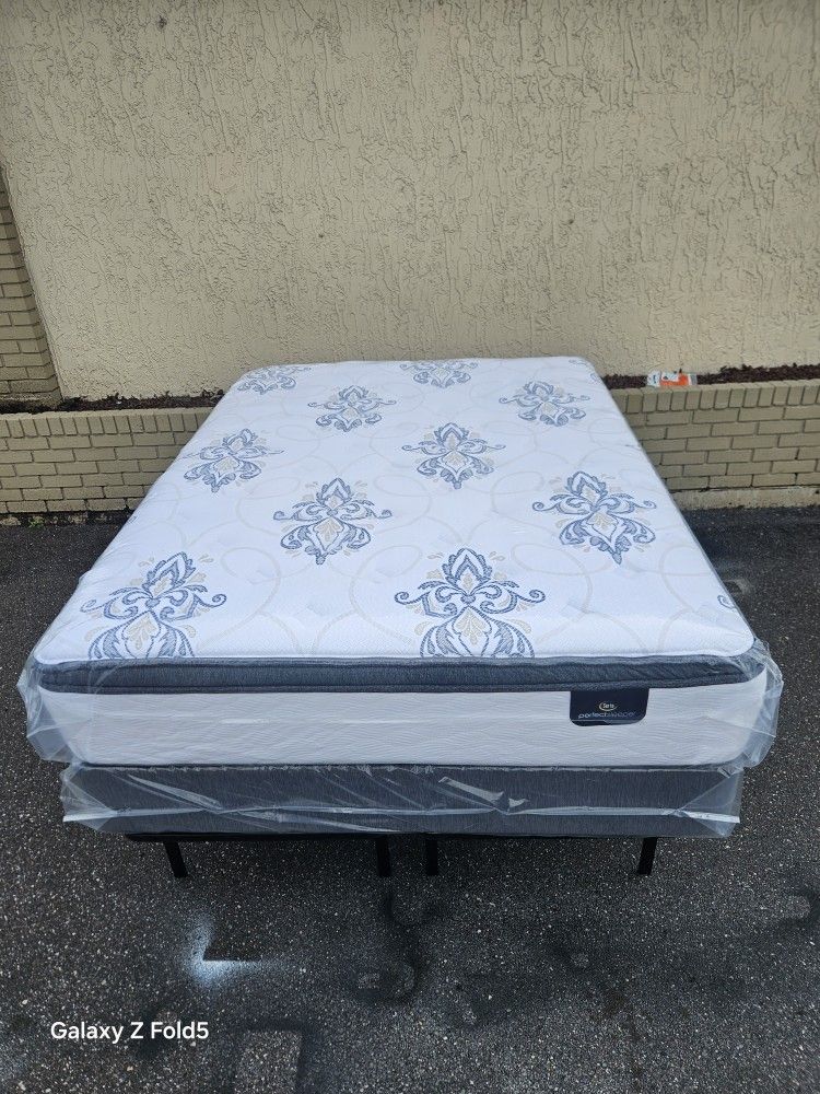 Brand New Queen Size Plush Pillow Top Serta Mattress And Box Spring In Plastic
