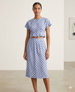 Asoj Skirt Suit Sz 11 Buttons Back blouse Linen Blend MIDI summer polka dots