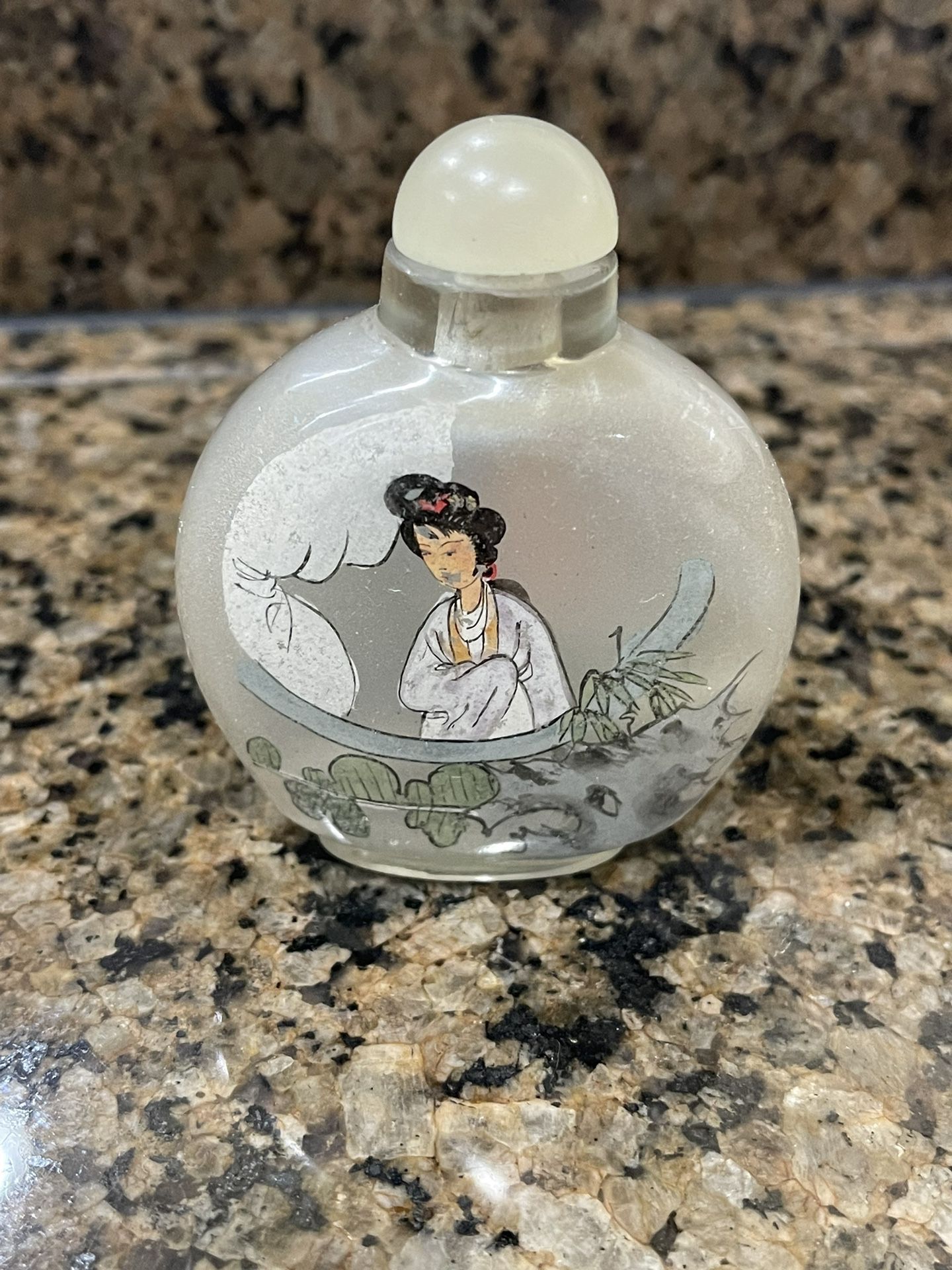 Antique Vintage Reverse Hand painted Perfume Snuff Bottle Asian Chinese Or Japanese Geisha Frosted Glass Bottle 