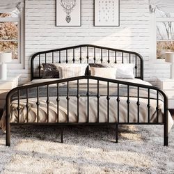 King Size Metal Bed Frame with Wrought Iron-Art Headboard, Black Victorian Style Metal Platform Bed Frame, Wrought Iron-Art Headboard and Footboard, U