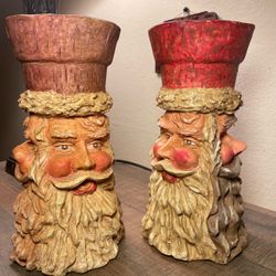 3 faced Santa Claus Face Figurine Candle Holders Set of 2
