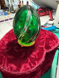 Faberge Swirl Emerald Green Cut to Clear Crystal Egg