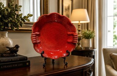 Large Decorative Red Art Plate with Metal Stand