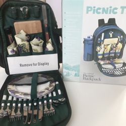 Yukon Picnic Backpack Green With Purple/Grape Pattern Service For Four. New!!