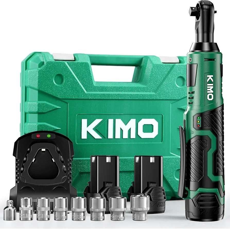 KIMO Cordless Electric Ratchet Wrench Set, 40 Ft-lbs, 400 RPM, 12V Cordless Ratchet Wrench 3/8" w/ 60-Min Charger, 7 Sockets, 1/4" adapter,