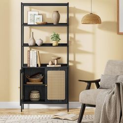 VASAGLE Rattan Mid Century Tiered Display Shelf And Cabinet