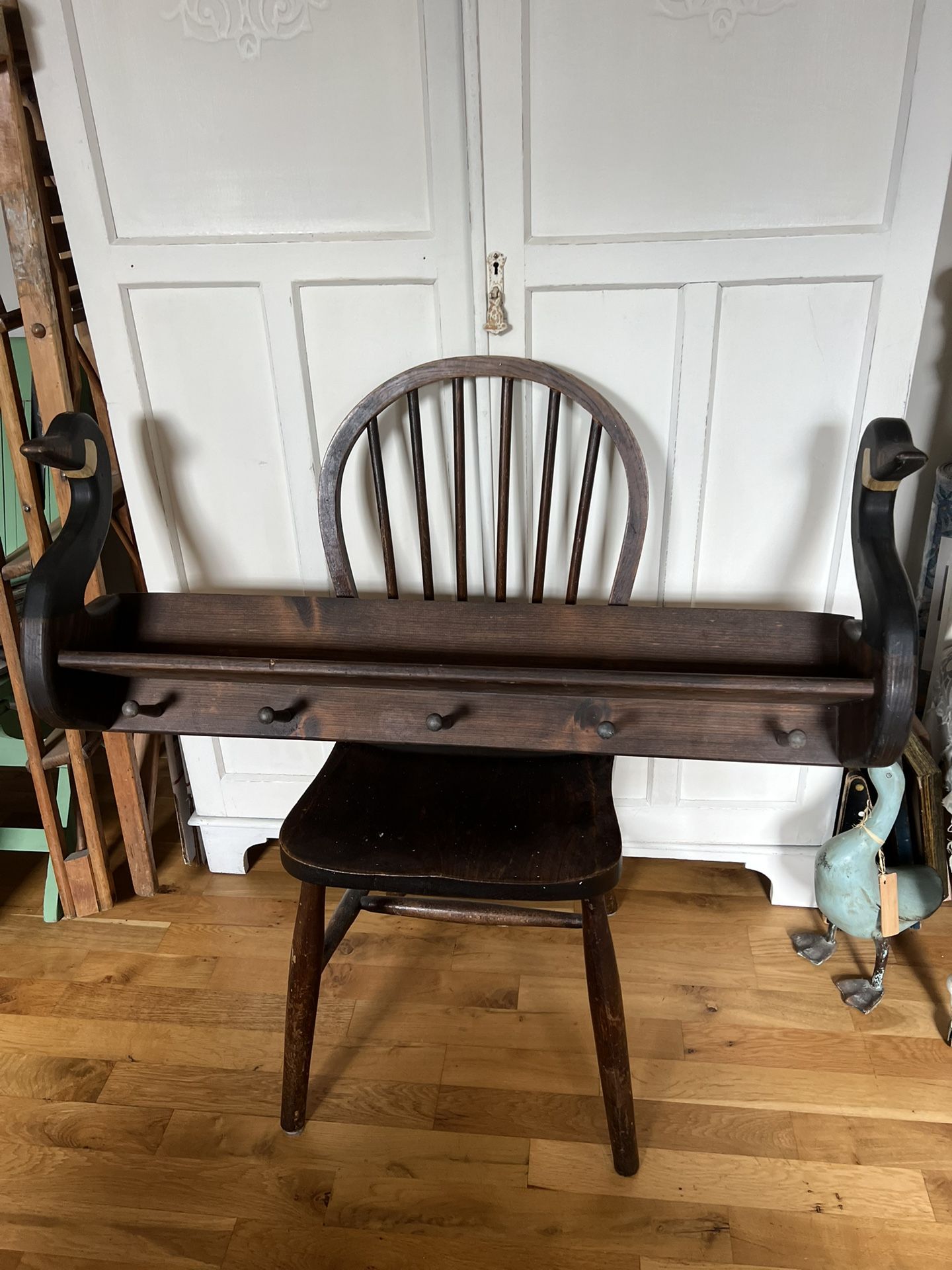 Vintage One Of A Kind Wooden Geese/Swans American Folk Art Coat Rack | Shelf With Pegs