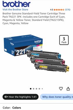 Brother Genuine Standard-Yield Toner Cartridge Three Pack TN221 3PK -Includes one Cartridge Each of Cyan, Magenta & Yellow Toner, Standard Yield (TN22