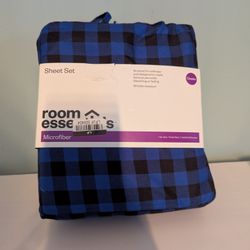 Room Essentials Queen Sheet Set – Blue & Black Buffalo Plaid 
Brand New in Packaging
