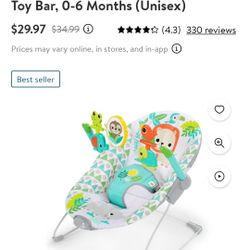 Bright Starts Spinnin’ Safari Vibrating Baby Bouncer Seat with Toy Bar