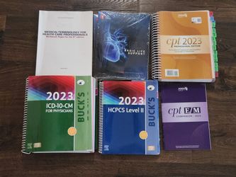 2023 Medical Assistant Education Book Lot - Bucks HCPS Level II, ICD-10-CM, Basic Life Support, CPT