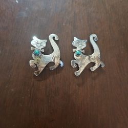 2 Vintage Silver Cat Brooches