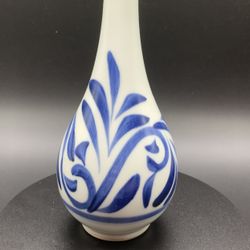 Vintage Handmade Japanese Blue and White Porcelain Vase 8”