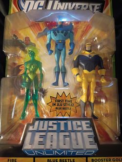 Jlu fire, blue beetle and booster gold.