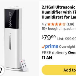 NEW 2.11Gal Ultrasonic Cool Mist Humidifier with Timer, Remote and Humidistat for Large Rooms