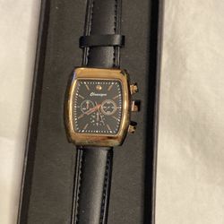Gold Tone Black Leather Band Watch