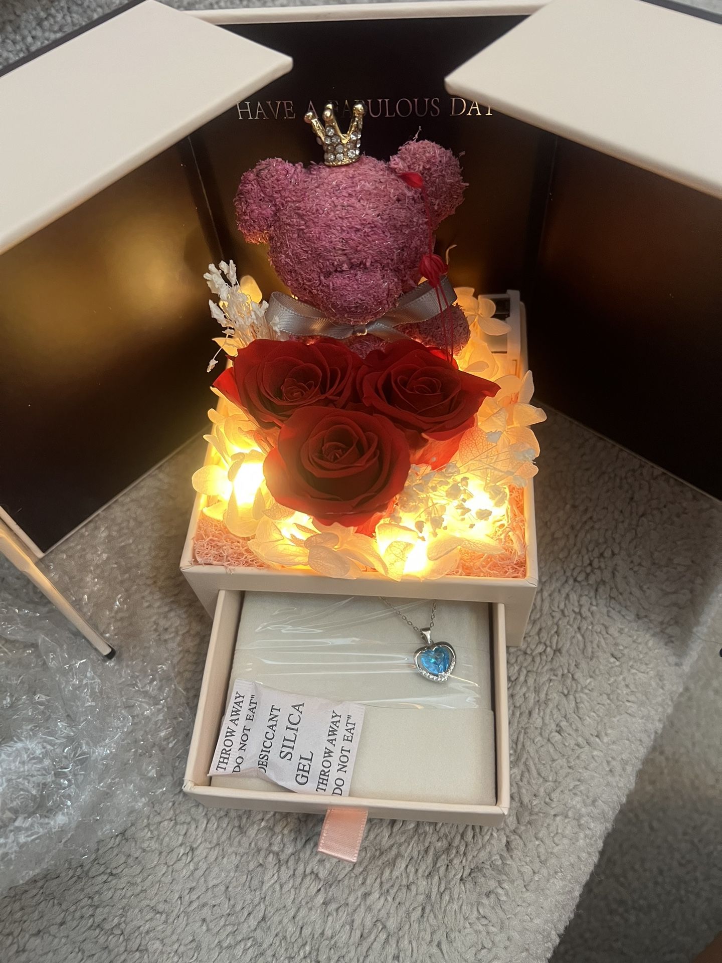 Preserved Red Rose Moss Bear Gifts with LED Light