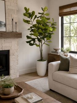 8’ Artificial Fiddle Leaf Fig Tree in White Embossed Textured Planter