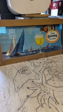 1960s wood and glass Olympia beer sign