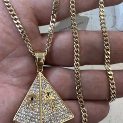 18k Gold Bonded To Stainless Steel Pyramid Ankh Pendant And Necklace 🌟