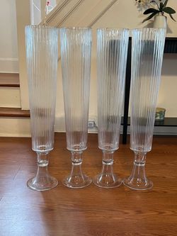 Set of 4 Tall Ribbed Glass Pedestal trumpetVases