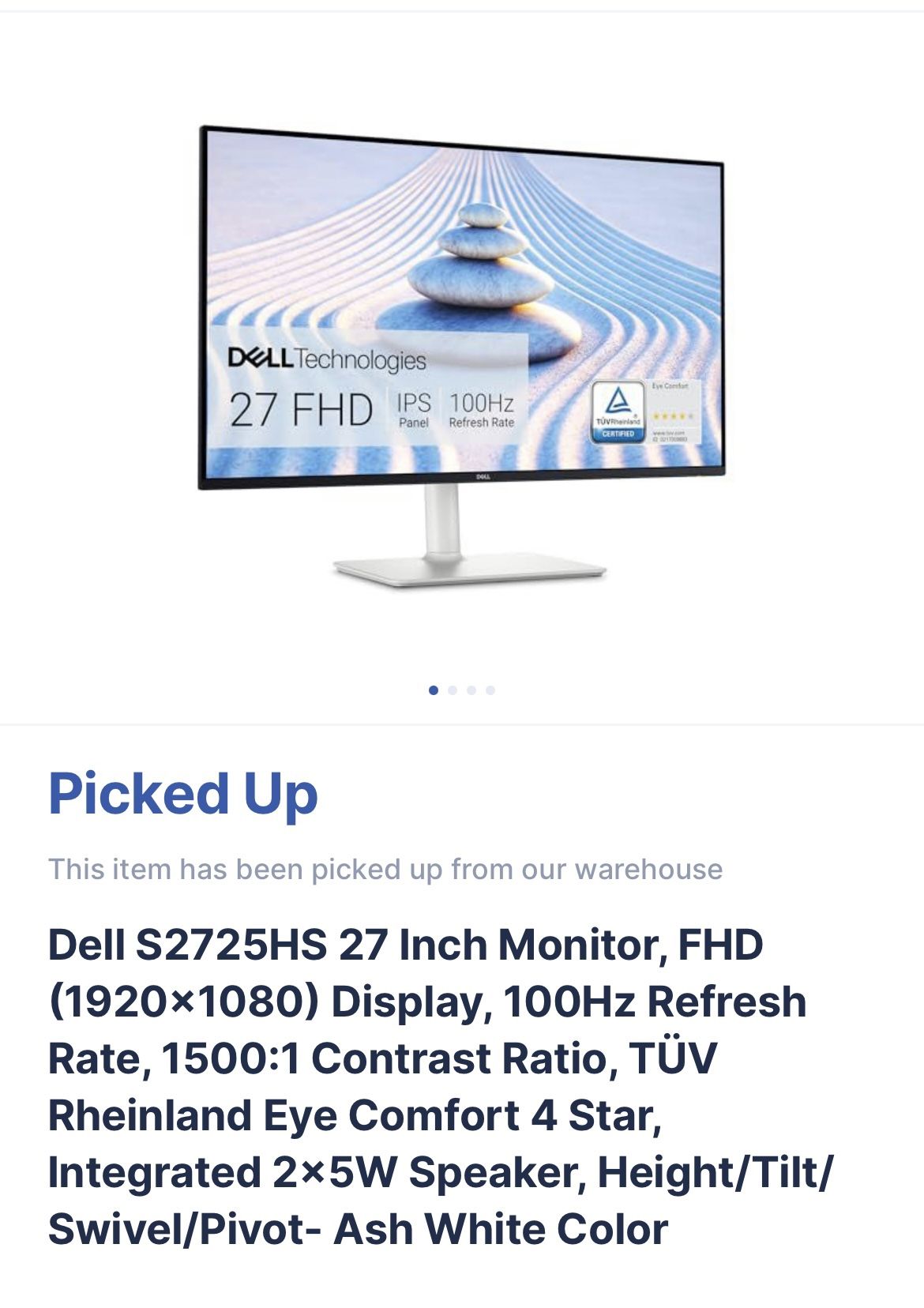 Dell S2725HS 27 Inch Monitor, FHD (1920x1080) Display, 100Hz Refresh Rate, 1500:1 Contrast Ratio, TÜV Rheinland Eye Comfort 4 Star, Integrated 2x5W Sp