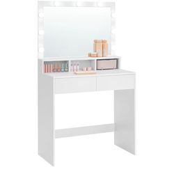 VASAGLE Vanity Desk with Mirror and Lights, Makeup Vanity with Large Mirror, LED Lights with Adjustable Brightness, Vanity Table, 2 Drawers, 3 Compart