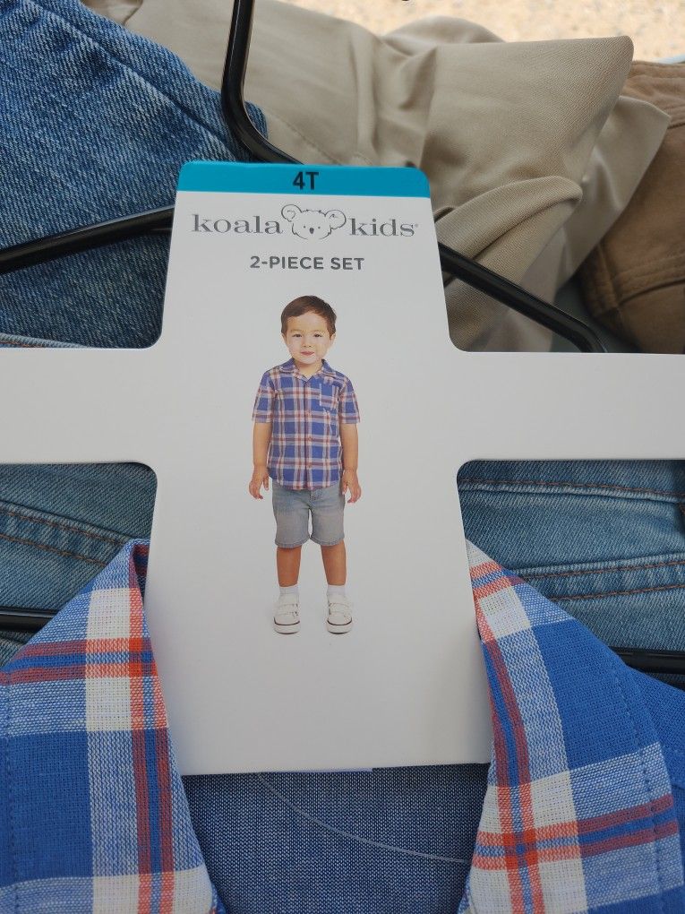 Koala Kids Blue and Pink Plaid Shirt with Denim Shorts