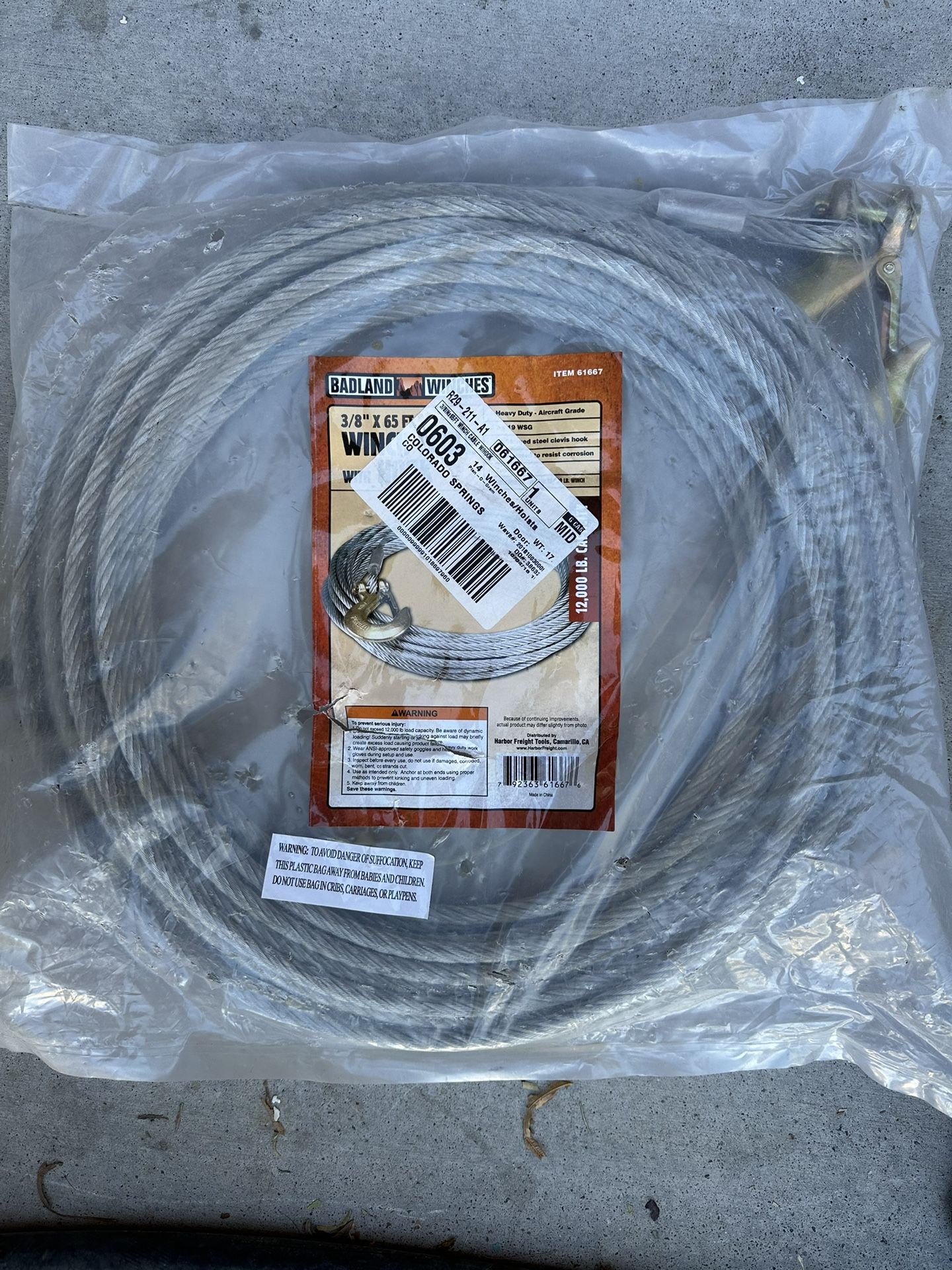 3/8“ X 65‘“ Cable With Hook